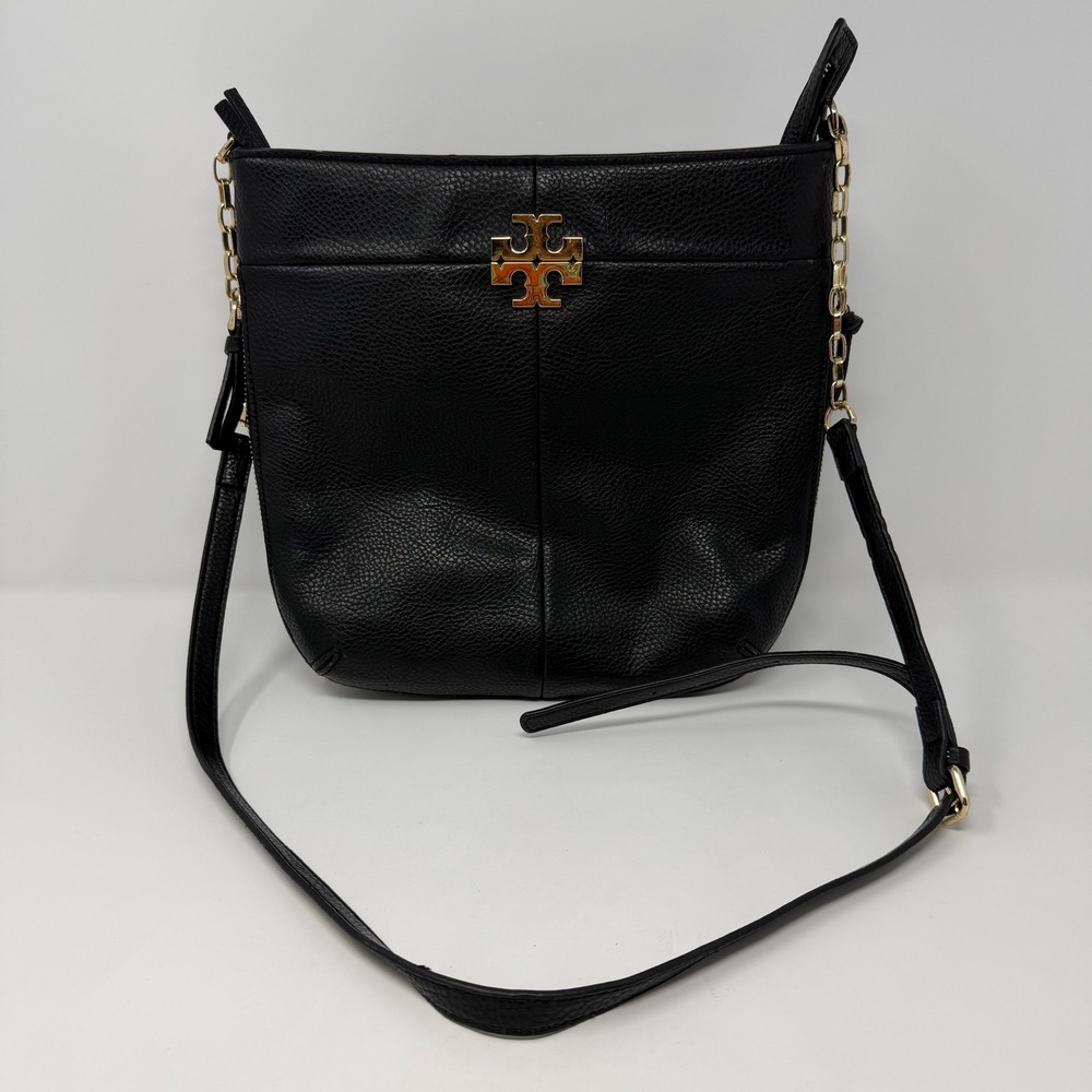 Tory Burch Ivy Expandable Black Pebbled Leather Crossbody Bag Gold Chain Strap